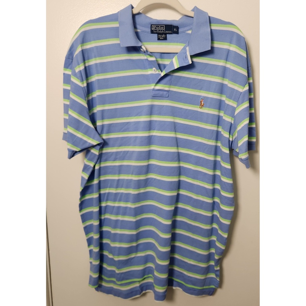 Vtg Polo Ralph Lauren Men's Blue Stripe Polo Shirt XL Flesh Pony Pima Cotton‎